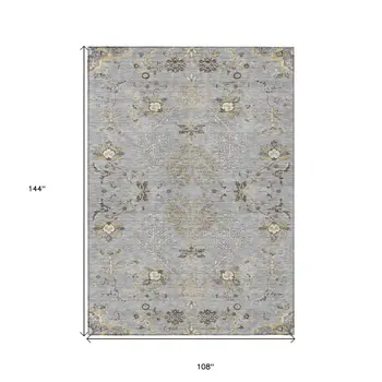 9' X 12' Gray Beige And Ivory Floral Washable Indoor Outdoor Area Rug