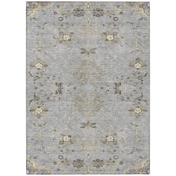 9' X 12' Gray Beige And Ivory Floral Washable Indoor Outdoor Area Rug