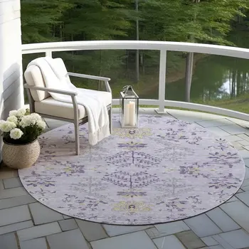 8' Lavender Purple And Gray Round Floral Washable Indoor Outdoor Area Rug