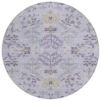 8' Lavender Purple And Gray Round Floral Washable Indoor Outdoor Area Rug