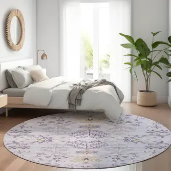 8' Lavender Purple And Gray Round Floral Washable Indoor Outdoor Area Rug