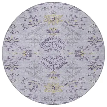 8' Lavender Purple And Gray Round Floral Washable Indoor Outdoor Area Rug