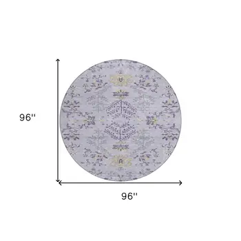 8' Lavender Purple And Gray Round Floral Washable Indoor Outdoor Area Rug