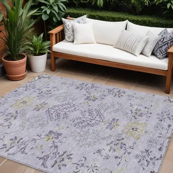 8' X 10' Lavender Purple And Gray Floral Washable Indoor Outdoor Area Rug