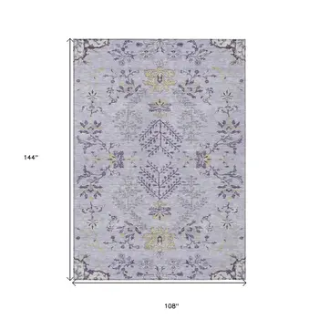 9' X 12' Lavender Purple And Gray Floral Washable Indoor Outdoor Area Rug