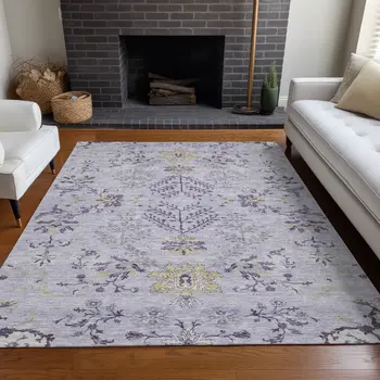 10' X 14' Lavender Purple And Gray Floral Washable Indoor Outdoor Area Rug