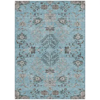 5' X 8' Sky Blue Gray And Charcoal Floral Washable Indoor Outdoor Area Rug