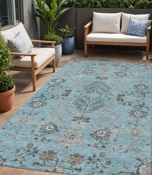 5' X 8' Sky Blue Gray And Charcoal Floral Washable Indoor Outdoor Area Rug
