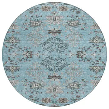 8' Sky Blue Gray And Charcoal Round Floral Washable Indoor Outdoor Area Rug