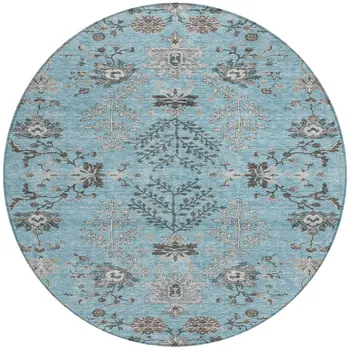 8' Sky Blue Gray And Charcoal Round Floral Washable Indoor Outdoor Area Rug