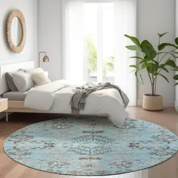 8' Sky Blue Gray And Charcoal Round Floral Washable Indoor Outdoor Area Rug
