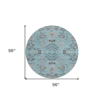 8' Sky Blue Gray And Charcoal Round Floral Washable Indoor Outdoor Area Rug