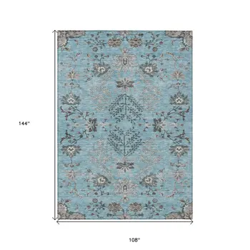 9' X 12' Sky Blue Gray And Charcoal Floral Washable Indoor Outdoor Area Rug