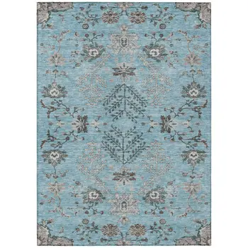 9' X 12' Sky Blue Gray And Charcoal Floral Washable Indoor Outdoor Area Rug