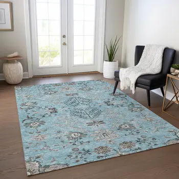 9' X 12' Sky Blue Gray And Charcoal Floral Washable Indoor Outdoor Area Rug