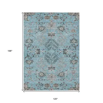 10' X 14' Sky Blue Gray And Charcoal Floral Washable Indoor Outdoor Area Rug