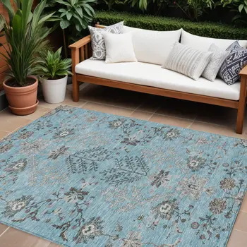 10' X 14' Sky Blue Gray And Charcoal Floral Washable Indoor Outdoor Area Rug