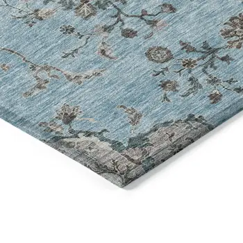10' X 14' Sky Blue Gray And Charcoal Floral Washable Indoor Outdoor Area Rug