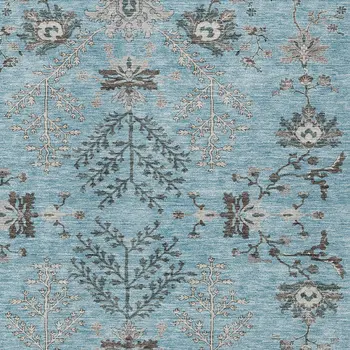 10' X 14' Sky Blue Gray And Charcoal Floral Washable Indoor Outdoor Area Rug
