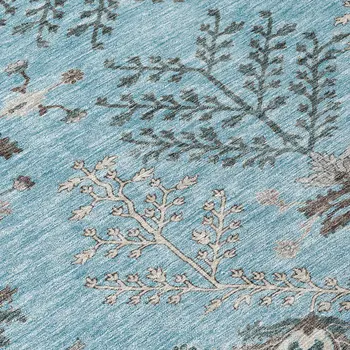 10' X 14' Sky Blue Gray And Charcoal Floral Washable Indoor Outdoor Area Rug