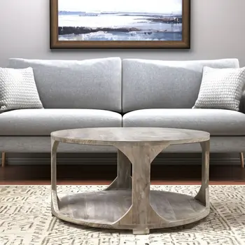 34" Natural Solid Wood Round Distressed Floor Shelf Coffee Table With Shelf