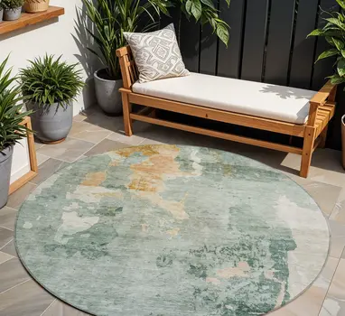 8' Blue Copper And Gray Round Abstract Washable Indoor Outdoor Area Rug