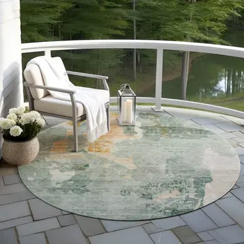 8' Blue Copper And Gray Round Abstract Washable Indoor Outdoor Area Rug