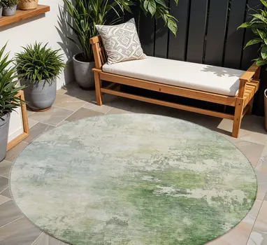 8' Artichoke Green And Ivory Round Abstract Washable Indoor Outdoor Area Rug