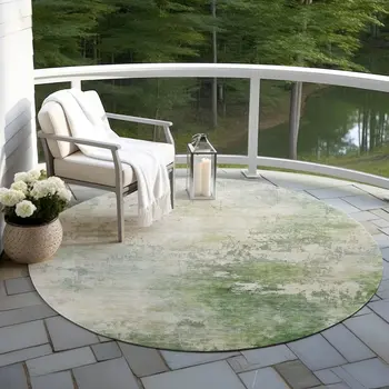 8' Artichoke Green And Ivory Round Abstract Washable Indoor Outdoor Area Rug