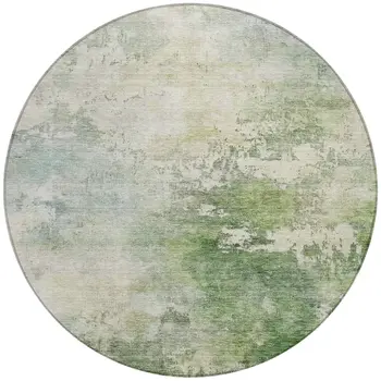 8' Artichoke Green And Ivory Round Abstract Washable Indoor Outdoor Area Rug