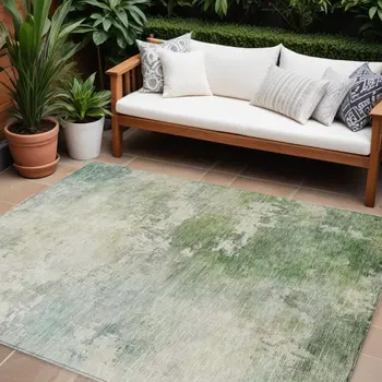 8' X 10' Artichoke Green And Ivory Abstract Washable Indoor Outdoor Area Rug