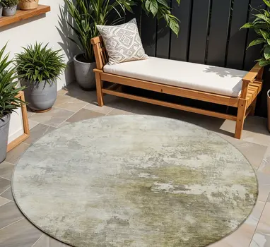8' Wheat And Gray Round Abstract Washable Indoor Outdoor Area Rug