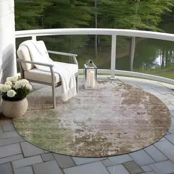 8' Brown And Green Round Abstract Washable Indoor Outdoor Area Rug