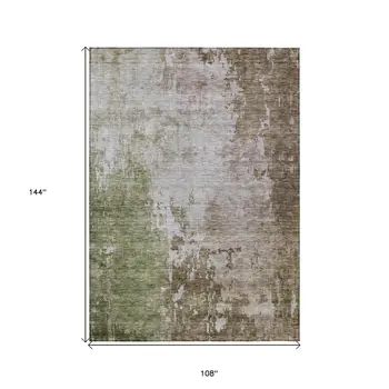 9' X 12' Brown And Green Abstract Washable Indoor Outdoor Area Rug