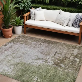 9' X 12' Brown And Green Abstract Washable Indoor Outdoor Area Rug