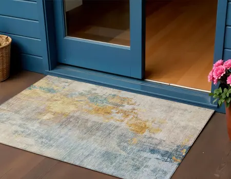 3' X 5' Linen Teal Blue And Copper Abstract Washable Indoor Outdoor Area Rug