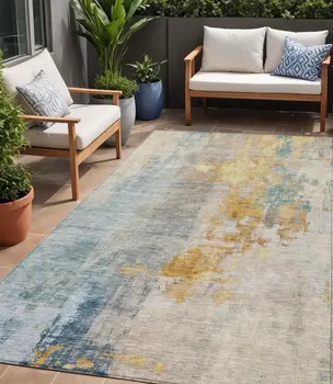 5' X 8' Linen Teal Blue And Copper Abstract Washable Indoor Outdoor Area Rug