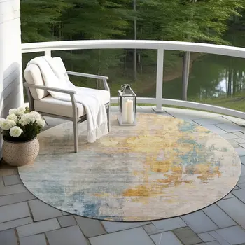 8' Linen Teal Blue And Copper Round Abstract Washable Indoor Outdoor Area Rug