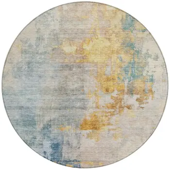8' Linen Teal Blue And Copper Round Abstract Washable Indoor Outdoor Area Rug
