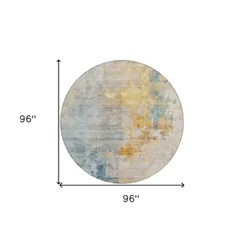 8' Linen Teal Blue And Copper Round Abstract Washable Indoor Outdoor Area Rug