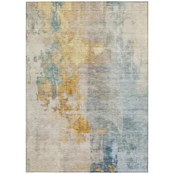 8' X 10' Linen Teal Blue And Copper Abstract Washable Indoor Outdoor Area Rug