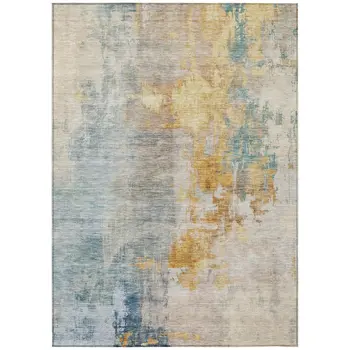 8' X 10' Linen Teal Blue And Copper Abstract Washable Indoor Outdoor Area Rug