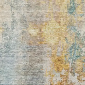 8' X 10' Linen Teal Blue And Copper Abstract Washable Indoor Outdoor Area Rug