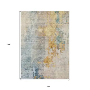 9' X 12' Linen Teal Blue And Copper Abstract Washable Indoor Outdoor Area Rug