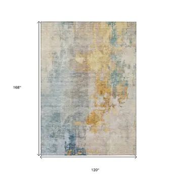 10' X 14' Linen Teal Blue And Copper Abstract Washable Indoor Outdoor Area Rug