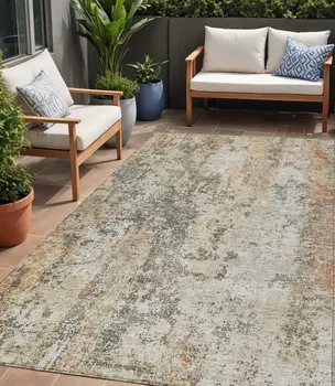 5' X 8' Terra Cotta Beige And Dark Gray Abstract Washable Indoor Outdoor Area Rug