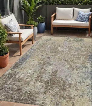 5' X 8' Beige And Brown Abstract Washable Indoor Outdoor Area Rug