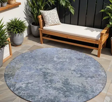 8' Blue And Dark Gray Round Abstract Washable Indoor Outdoor Area Rug