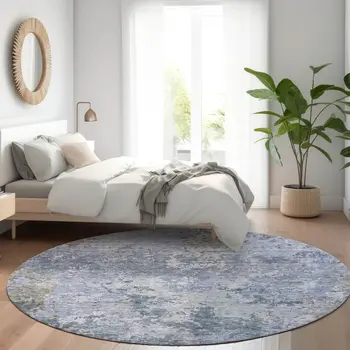 8' Blue And Dark Gray Round Abstract Washable Indoor Outdoor Area Rug