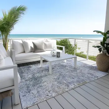 9' X 12' Blue And Dark Gray Abstract Washable Indoor Outdoor Area Rug
